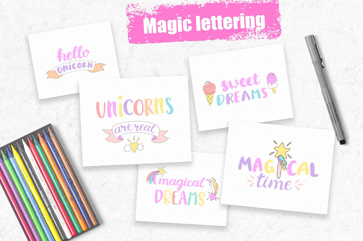 可爱的手绘风格卡通插画 Magical time. Unicorns.插图(2)