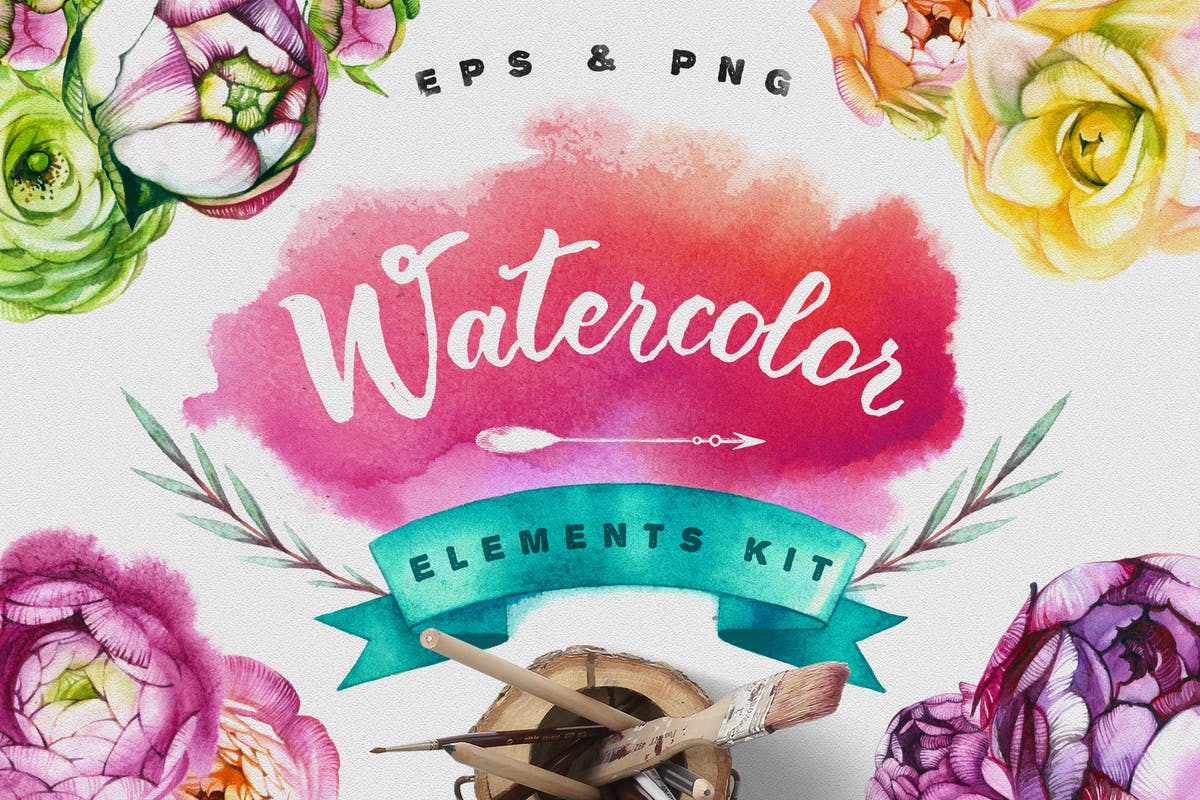 水彩手绘花卉插画元素大合集 Watercolor Flowers插图
