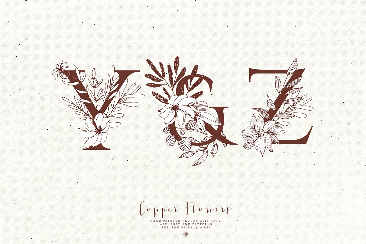 古铜色花卉字母插画套装插图(6)