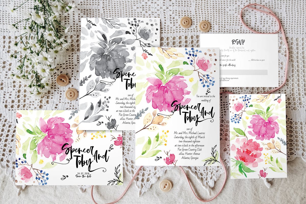 手绘花卉图案婚礼邀请函设计模板 Handpainted Wedding Invitation Suite插图