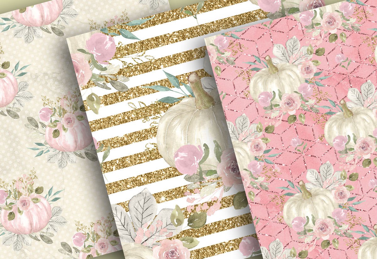花卉&南瓜水彩手绘图案纸张设计素材 Floral pumpkin digital paper pack插图(2)