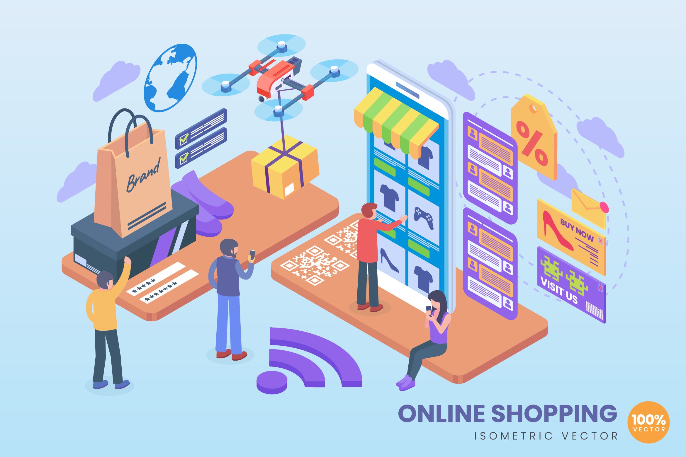 网上购物电子商务主题等距素材库精选概念插画 Isometric Online Shopping Vector Concept插图