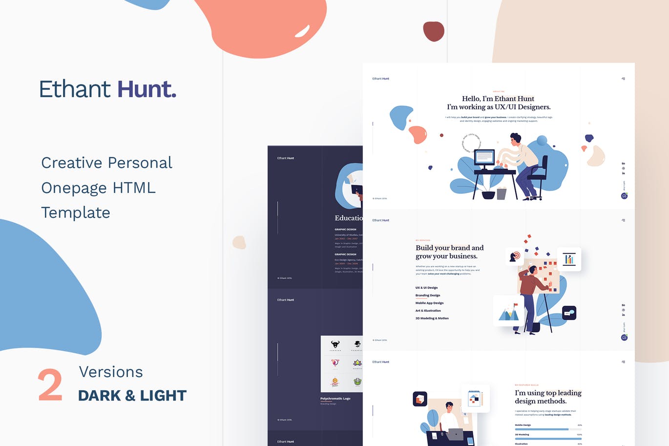 个人简历网站&作品集展示网站设计PSD模板 Ethant Hunt – Personal PSD Template插图