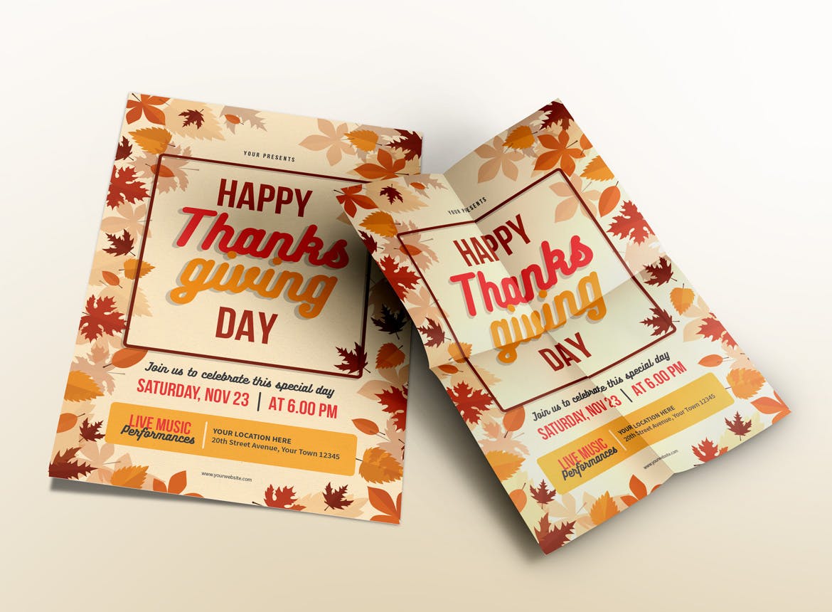 手绘枫叶装饰设计风格感恩节主题海报传单模板 Happy Thanksgiving Day Flyers插图(1)