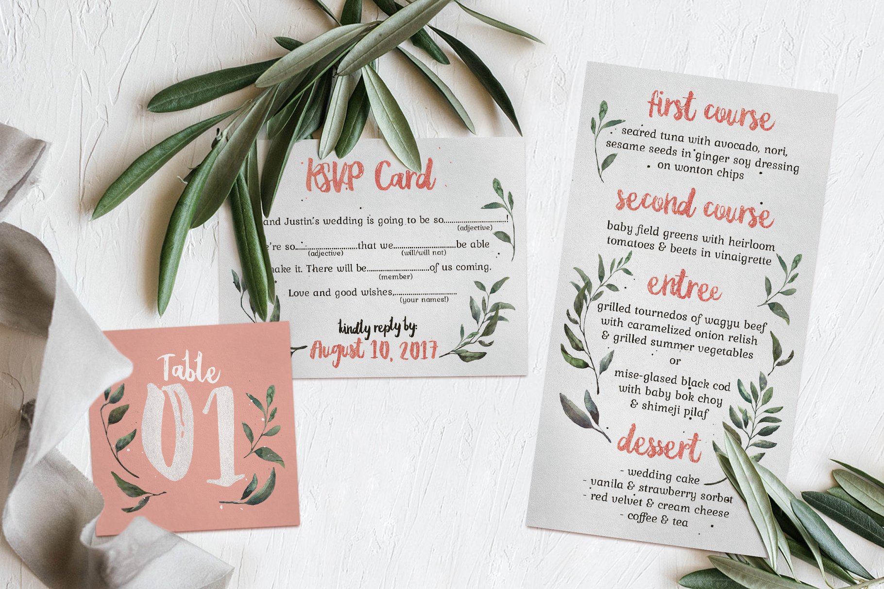 质朴粉色&绿色婚礼设计物料模板 Rustic Pink & Green Wedding Suite插图(2)