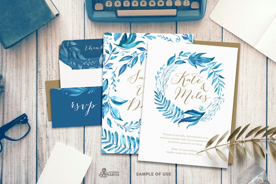 高品质靛蓝色手绘水彩花卉图案 Leafy Indigo. Watercolor Collection插图(2)