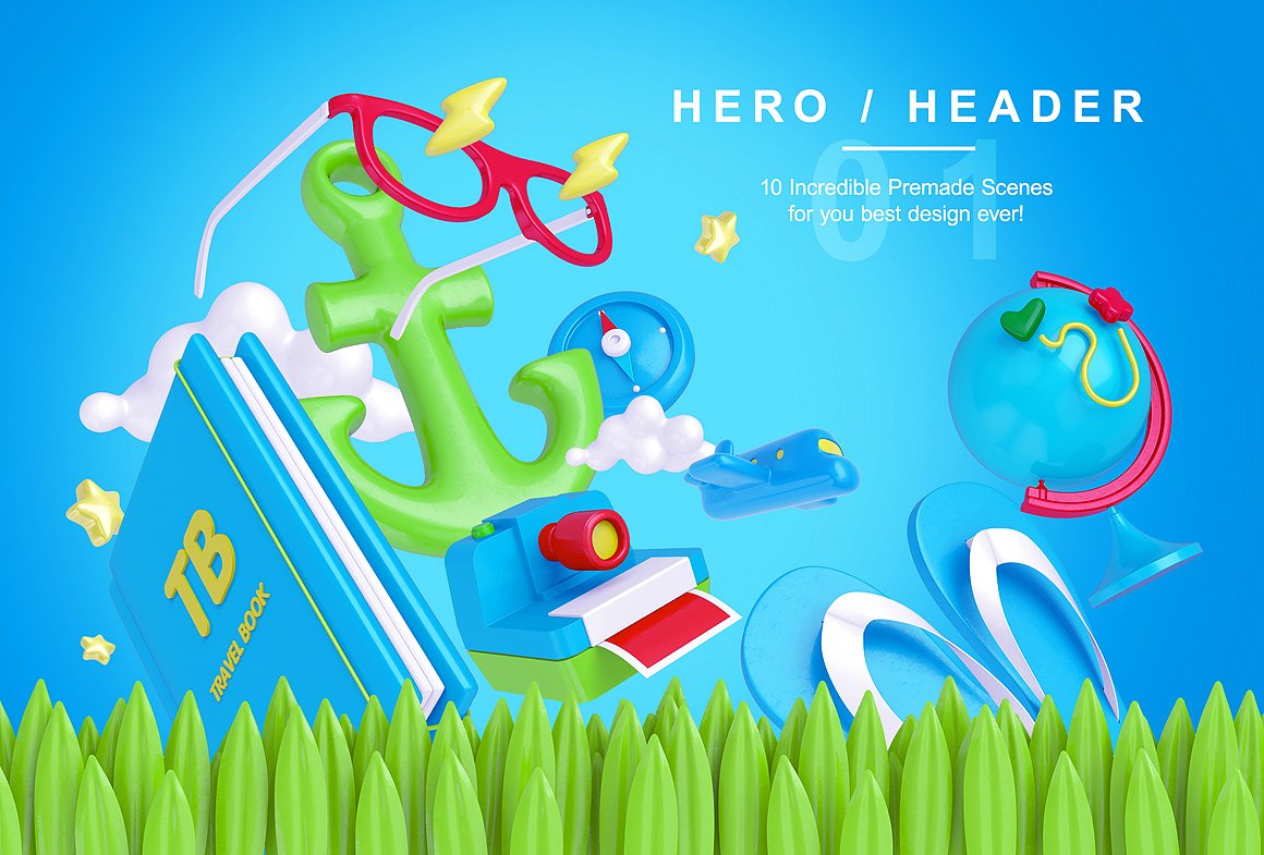 Bright Travel Items Scene Generator卡通风格的旅游物品展示样机下载 1.38 GB[psd]插图(2)