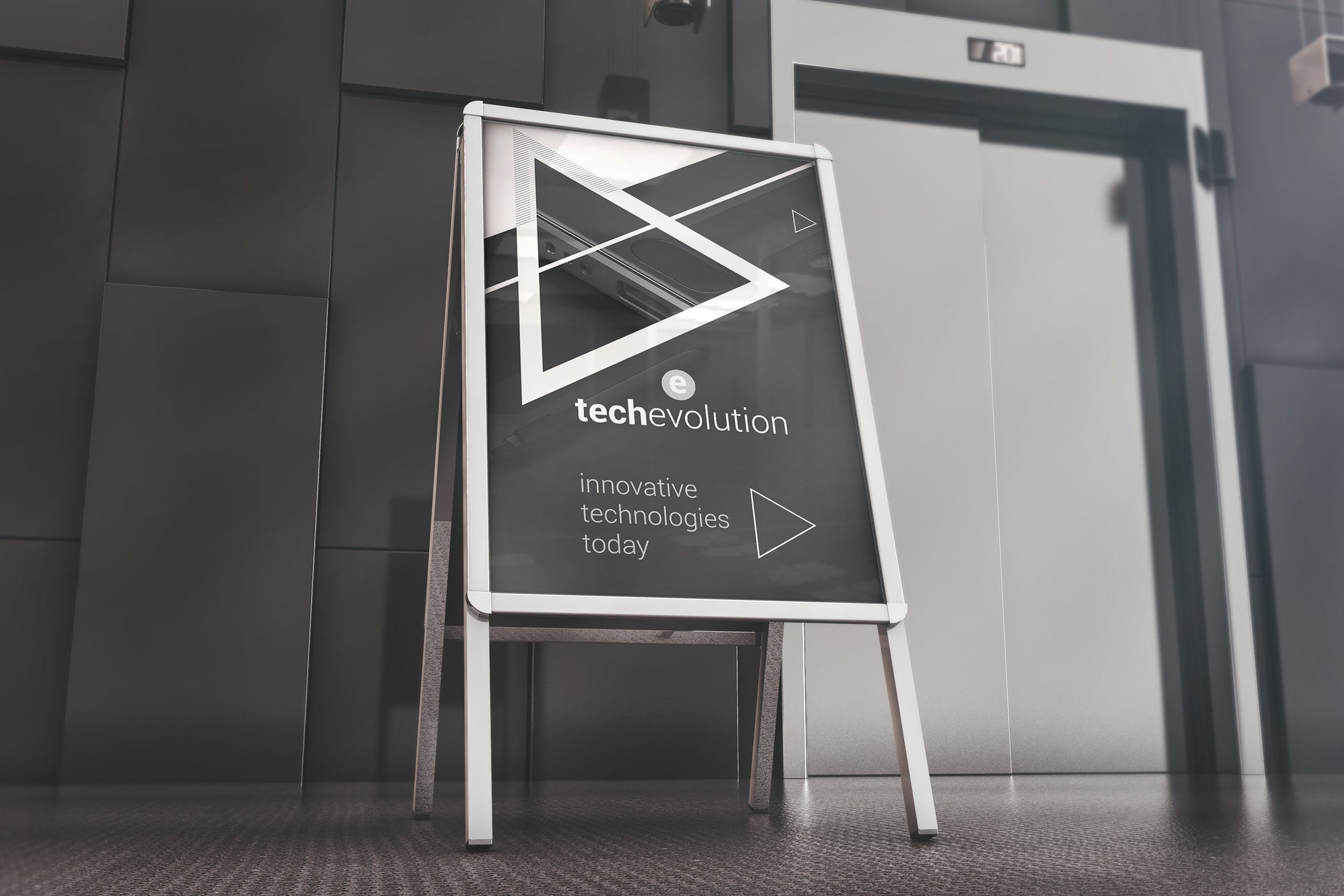 办公室大厅广告牌木架海报张贴效果图样机模板 Office Hall Advertising Mockup插图