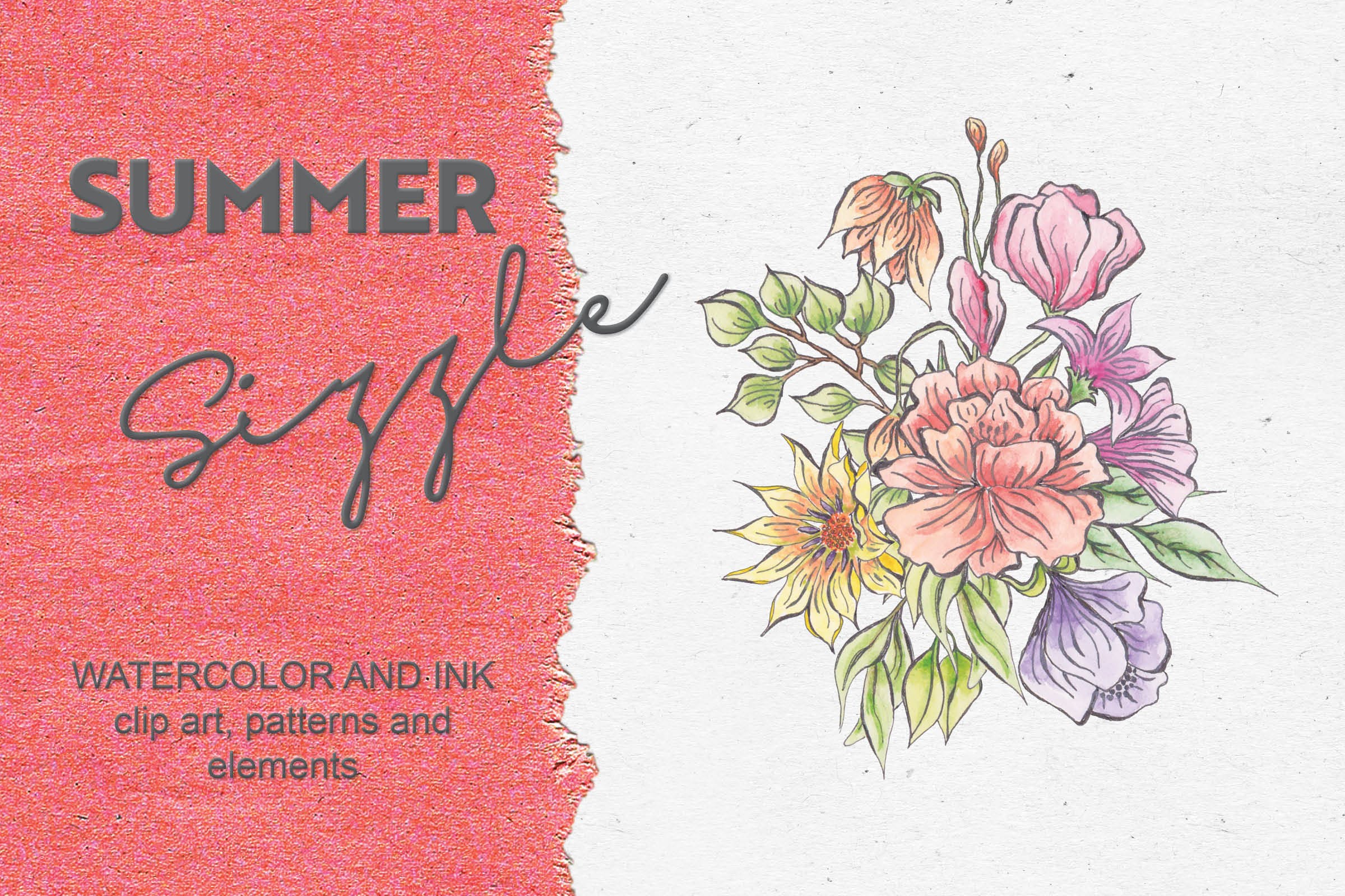 夏日鲜艳色彩水彩花卉设计素材库精选PNG素材包 Summer Sizzle: Watercolor and Ink Collection插图