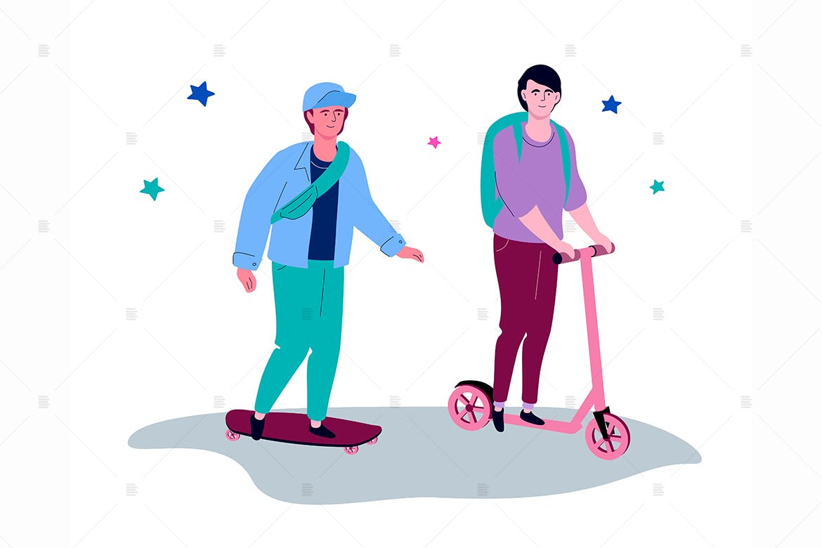 现代滑板&便捷电动车-扁平设计风格矢量插画素材库精选素材 Urban vehicles – flat design style illustration插图(1)