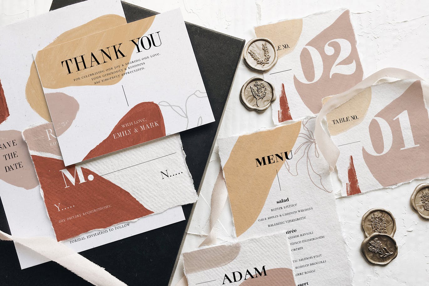 现代抽象水彩图案撕纸风格婚礼邀请设计套件 Modern Abstract Wedding Suite插图(2)