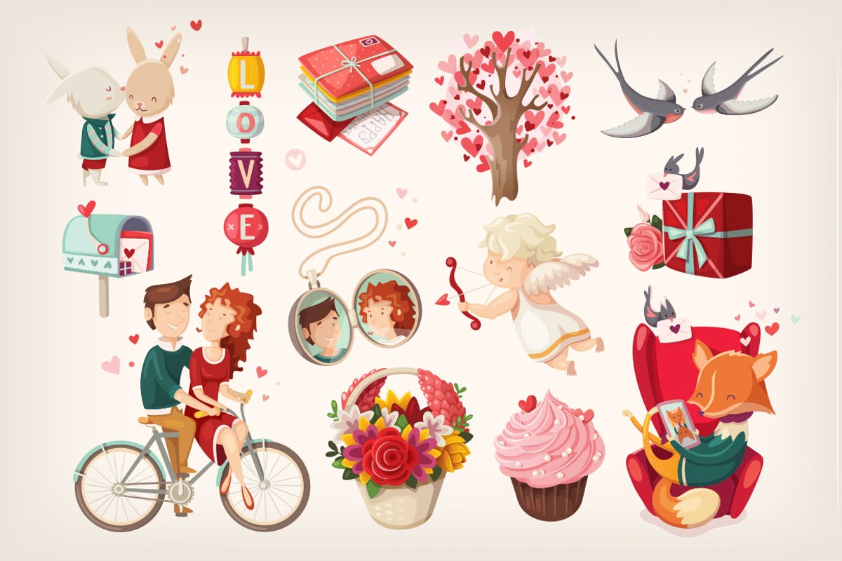 情人节主题手绘插画剪贴画 Valentine day illustrations插图