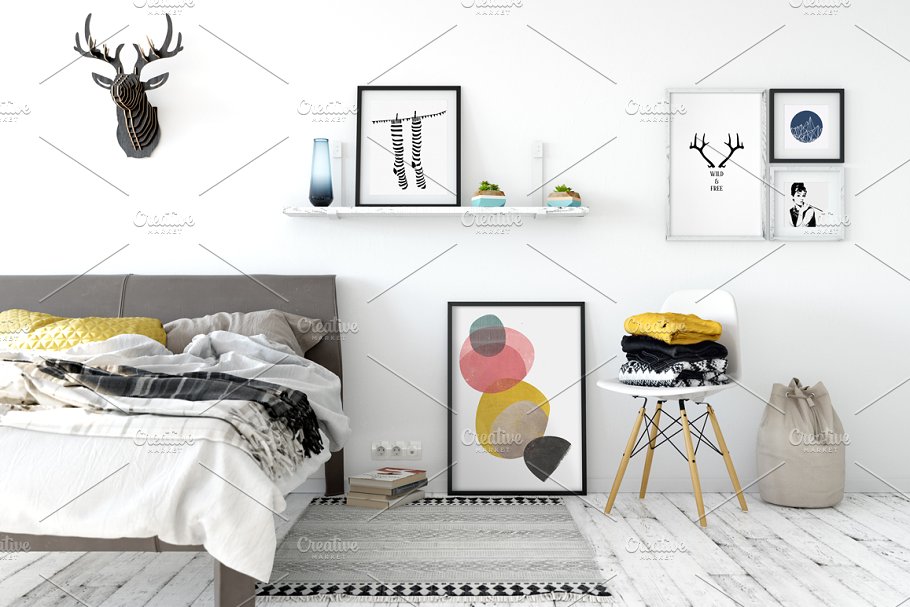 卧室画框样机模板02 Scandi Interior Frame Mockup – 02插图(1)