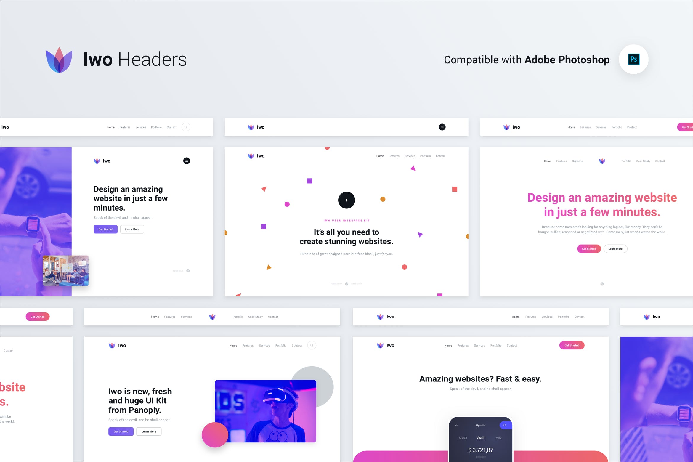 IWO现代创意网站UI设计套件PSD模板 Iwo Web UI Kit – Headers & Covers – PSD Photoshop插图