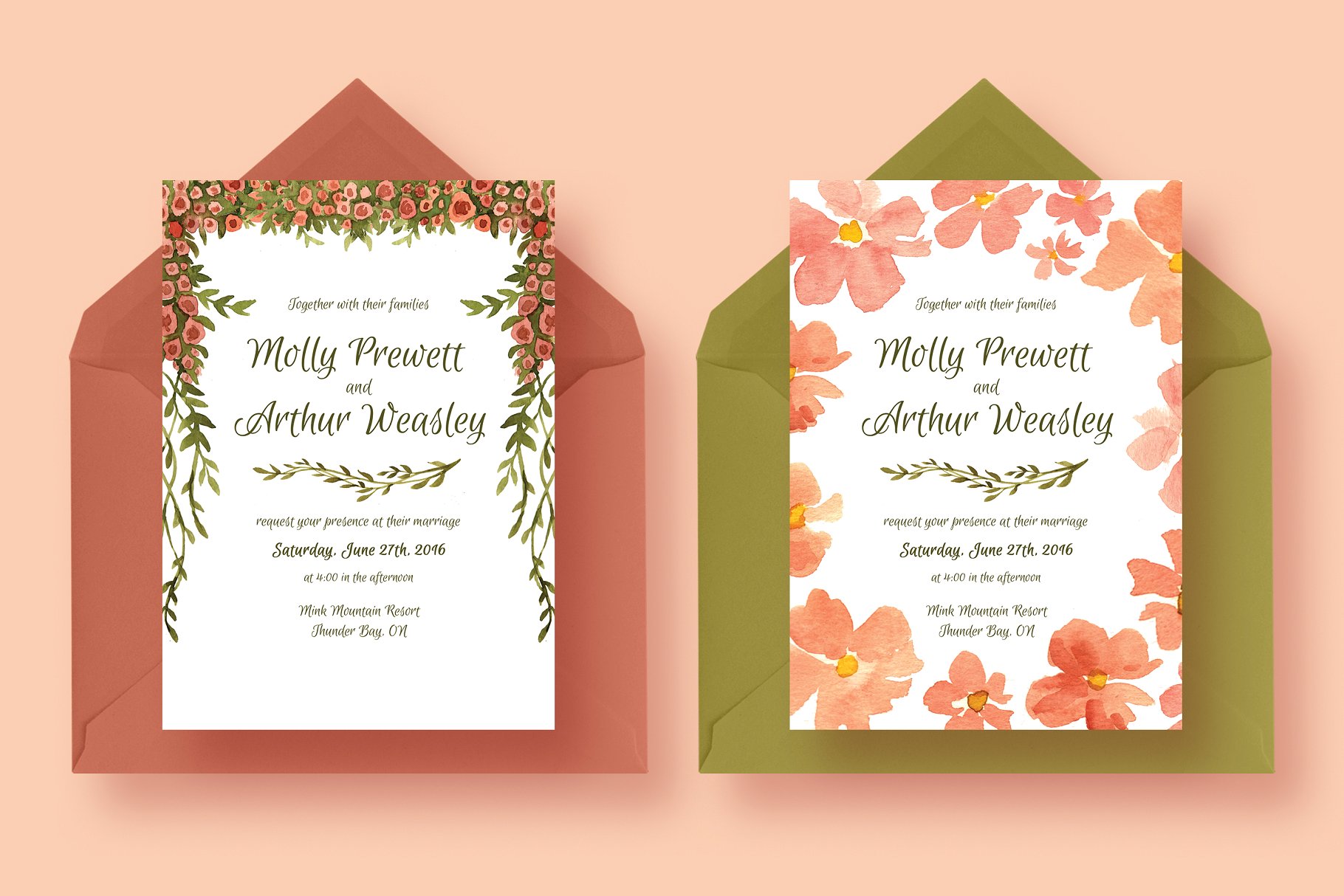 粉红少女花卉元素婚礼邀请函设计模板套装 Floral Garland Wedding Suite插图(1)