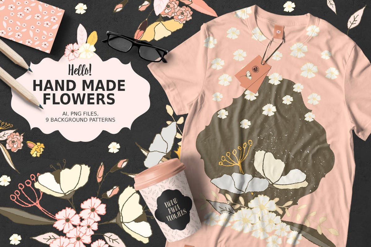 手绘花卉剪贴画图案纹理 Hand Made Flowers插图