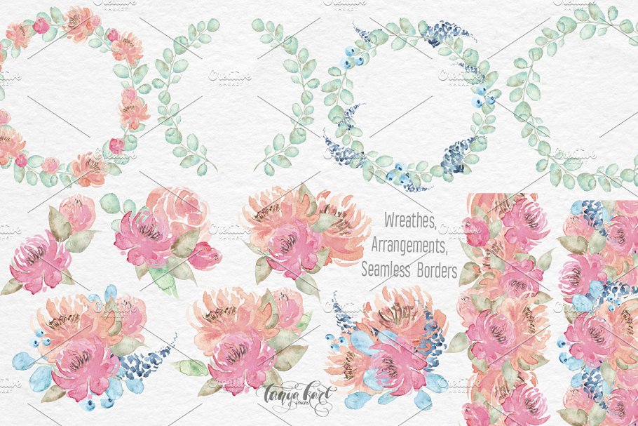 水彩动物和花卉剪贴画 Watercolor Animals, Flowers Clipart插图(5)