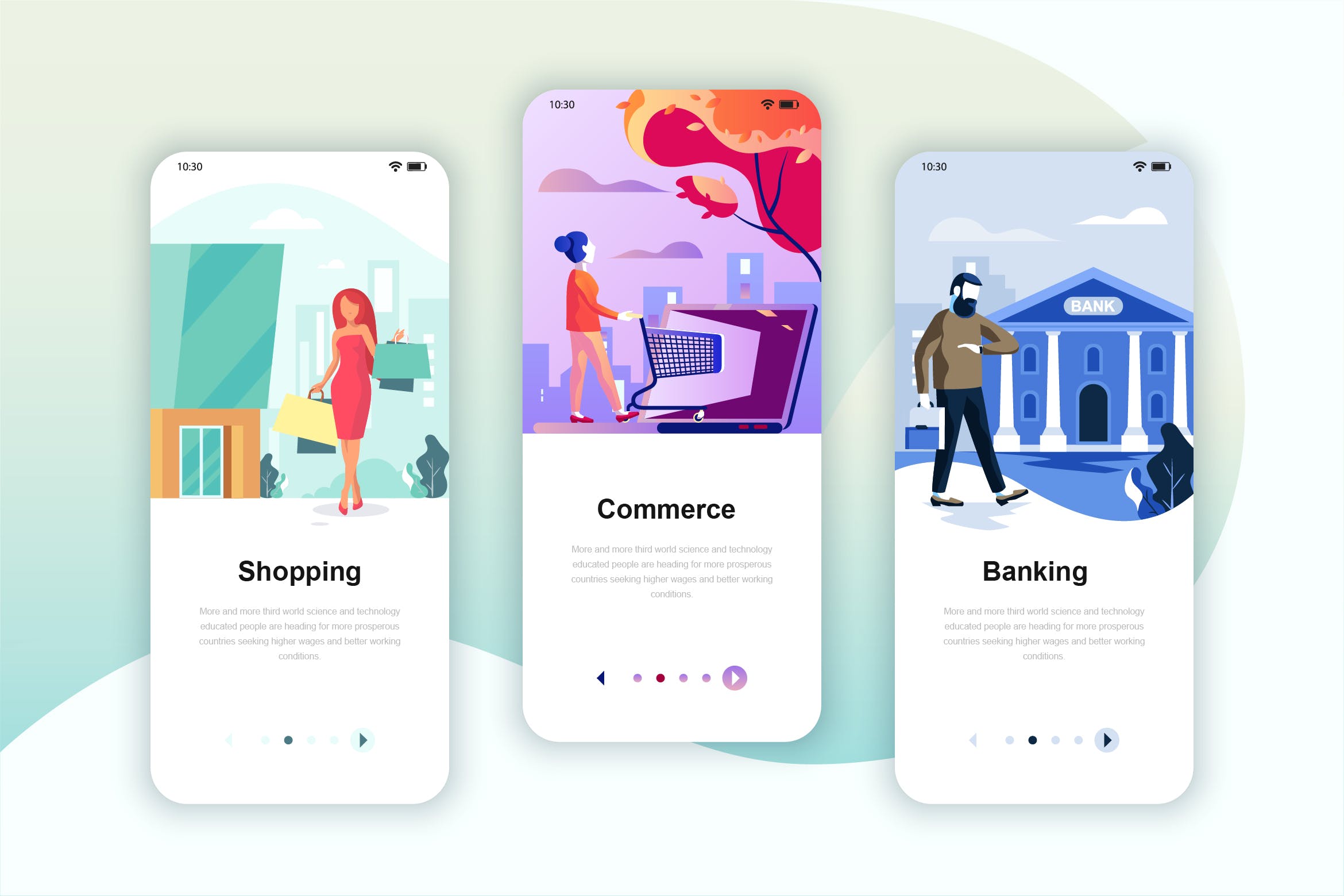 购物/电商/银行生活服务主题矢量插画APP引导页启动页设计模板 Instagram Stories Onboarding Screens Mobile App插图
