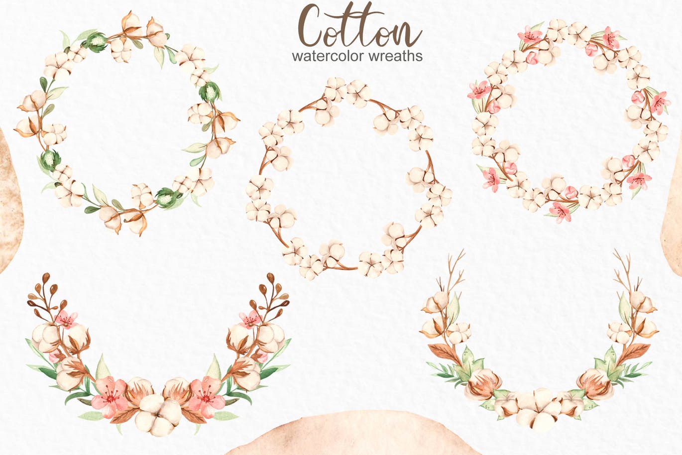 水彩棉花手绘剪贴画/花框/花环素材库精选设计素材 Watercolor cotton. Clipart, frames, wreaths插图(5)