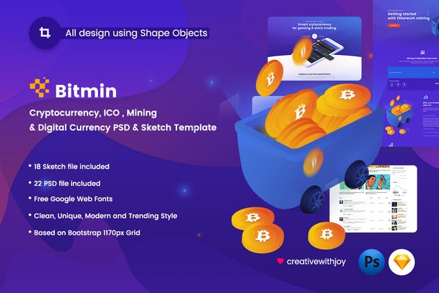 比特币加密货币主题网站PSD＆Sketch模板 BITMIN – ICO, Mining PSD & Sketch Template插图(1)