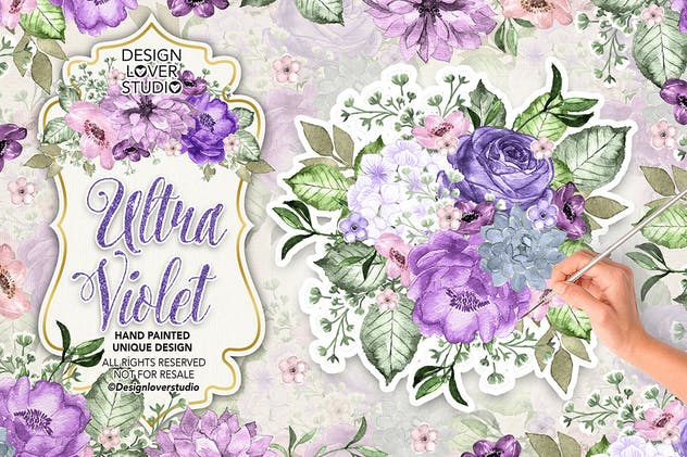 紫罗兰水彩花卉设计插画素材 Ultra violet watercolor design插图(1)