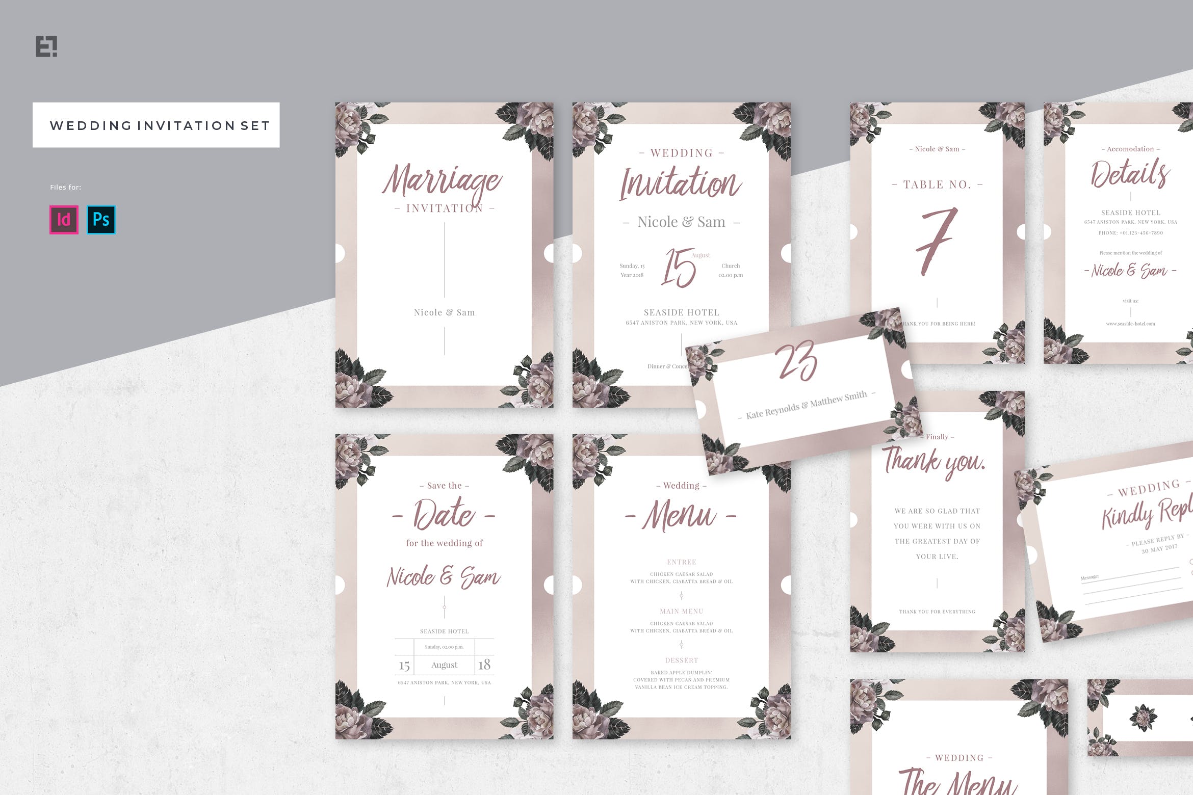 手绘花卉图案装饰风格婚礼邀请设计素材包 Floral Wedding Invitation Suite插图