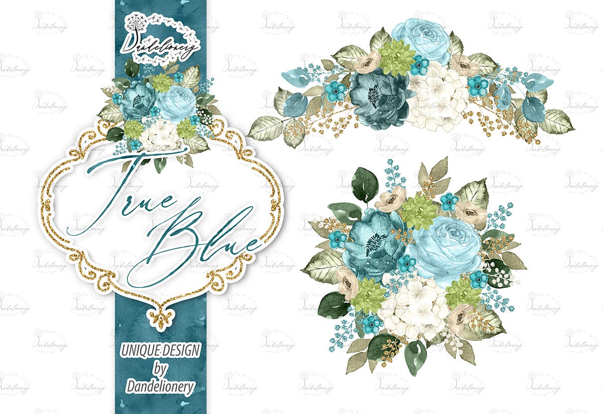 逼真蓝色水彩花卉手绘剪贴画PNG素材 Watercolor True Blue design插图(1)