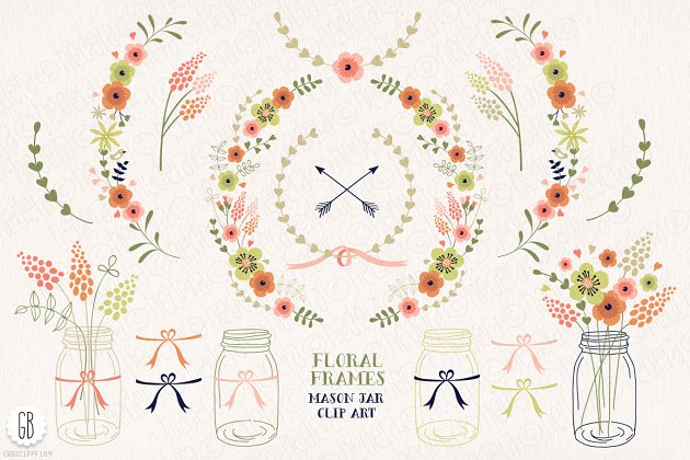 花框、插花&花水彩插画元素 Floral frames, mason jars, flowers插图