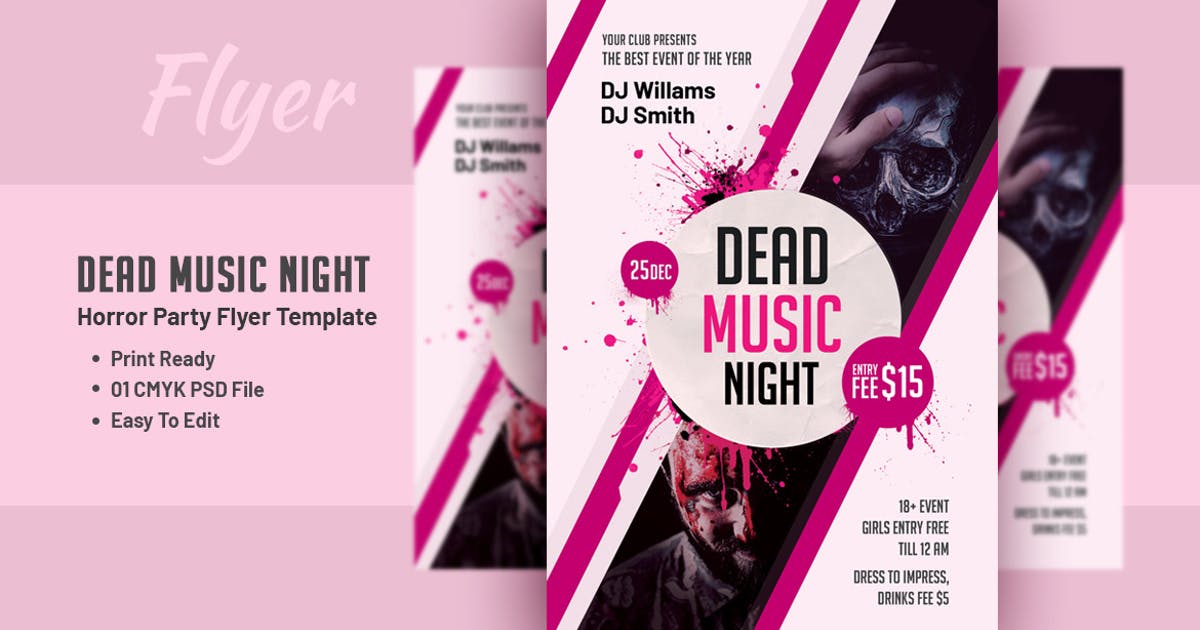 惊悚主题DJ音乐派对传单设计模板插图