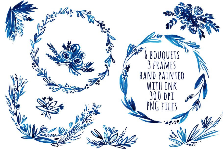靛蓝手绘花圈素材 Indigo Hand painted Wreaths插图(1)