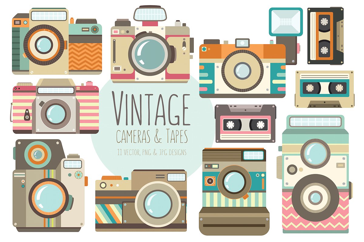 复古照相机矢量剪贴画 Vintage Cameras Vector Clipart Set插图
