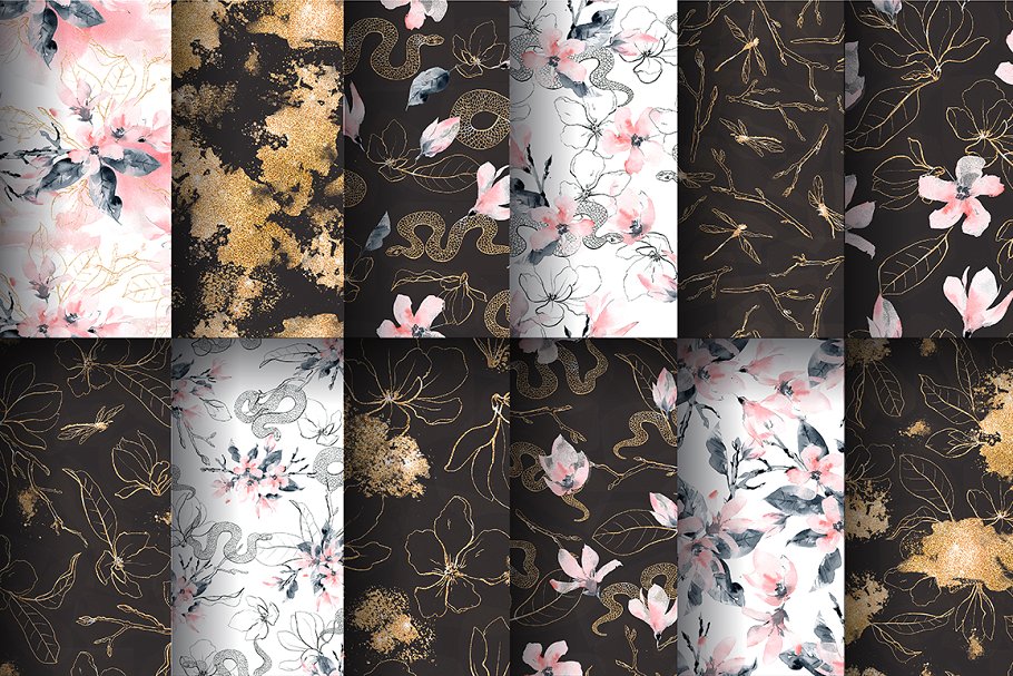 高贵品质的蛇&花卉水彩图案合集插图