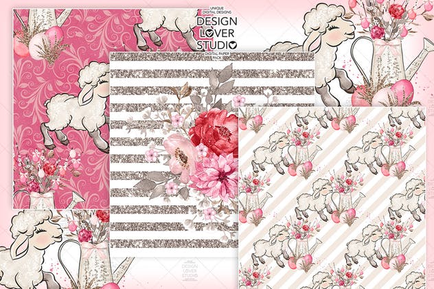 粉红系复活节礼品包装纸张图案纹理套装 Happy Easter Lamb digital paper pack插图(3)