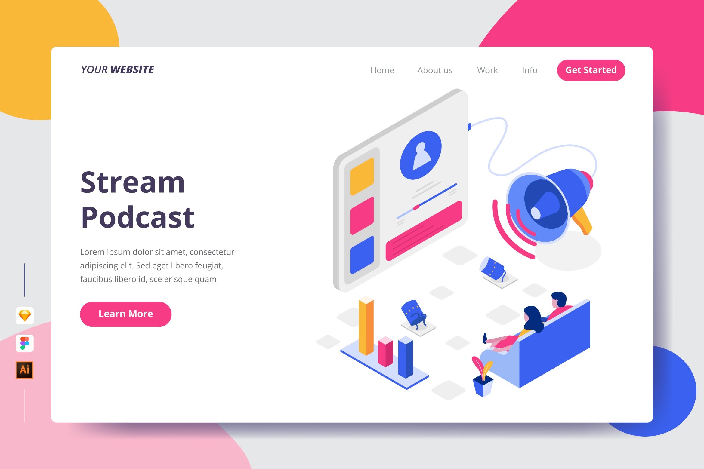 流媒体播客主题插画网站着陆页设计素材库精选模板 Stream Podcast – Landing Page插图