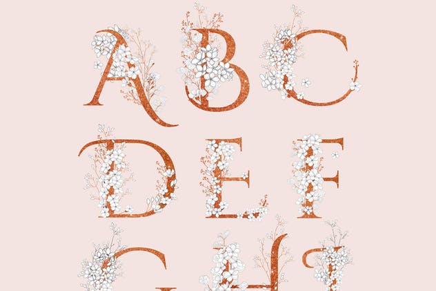 美丽盛开金色花卉字母数字图集 Blooming Gold Floral Letters Numbers插图(6)