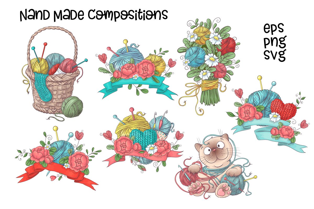 手工针织花卉/爱心矢量剪贴画合集插图(1)