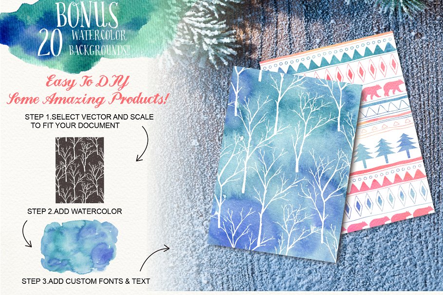 冬天圣诞节水彩设计元素（剪贴画、纹理&贺卡模板） Watercolor Winter collection插图(3)