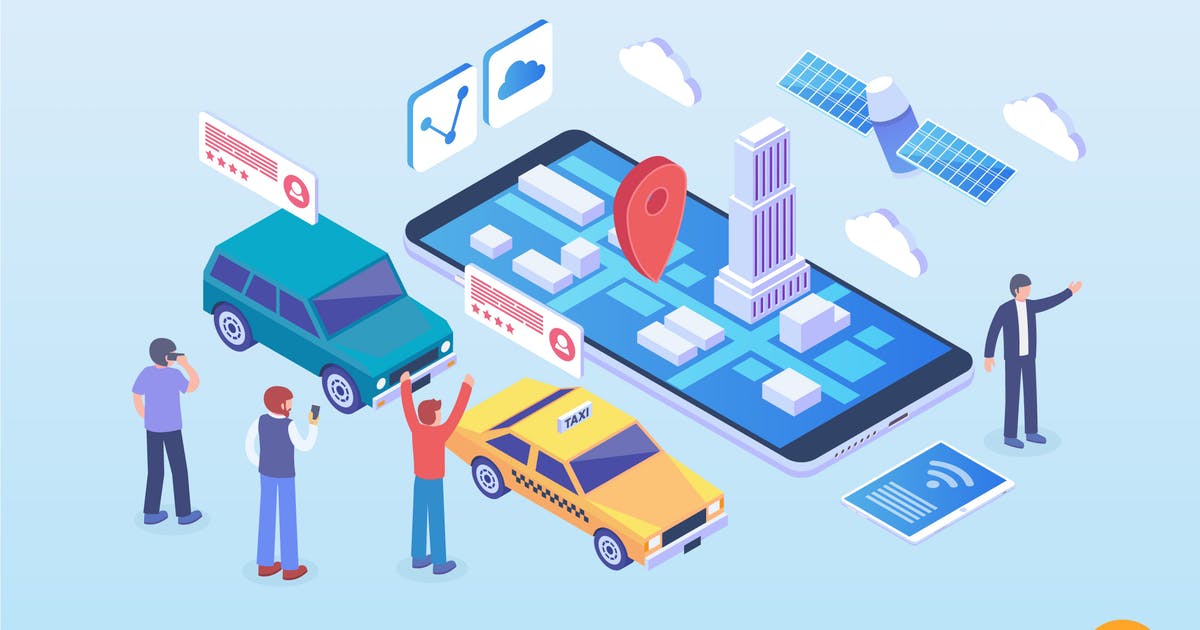 网约车＆共享出行2.5D等距概念插画 Isometric Online Taxi & Ride Sharing Apps Vector插图
