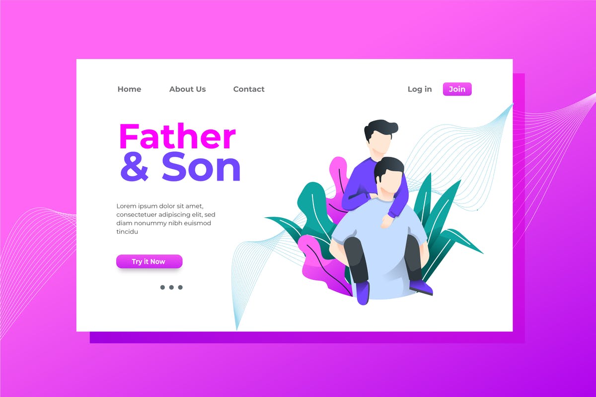亲子活动场景矢量插画网站着陆页模板 Father and Son Landing Page Illustration插图
