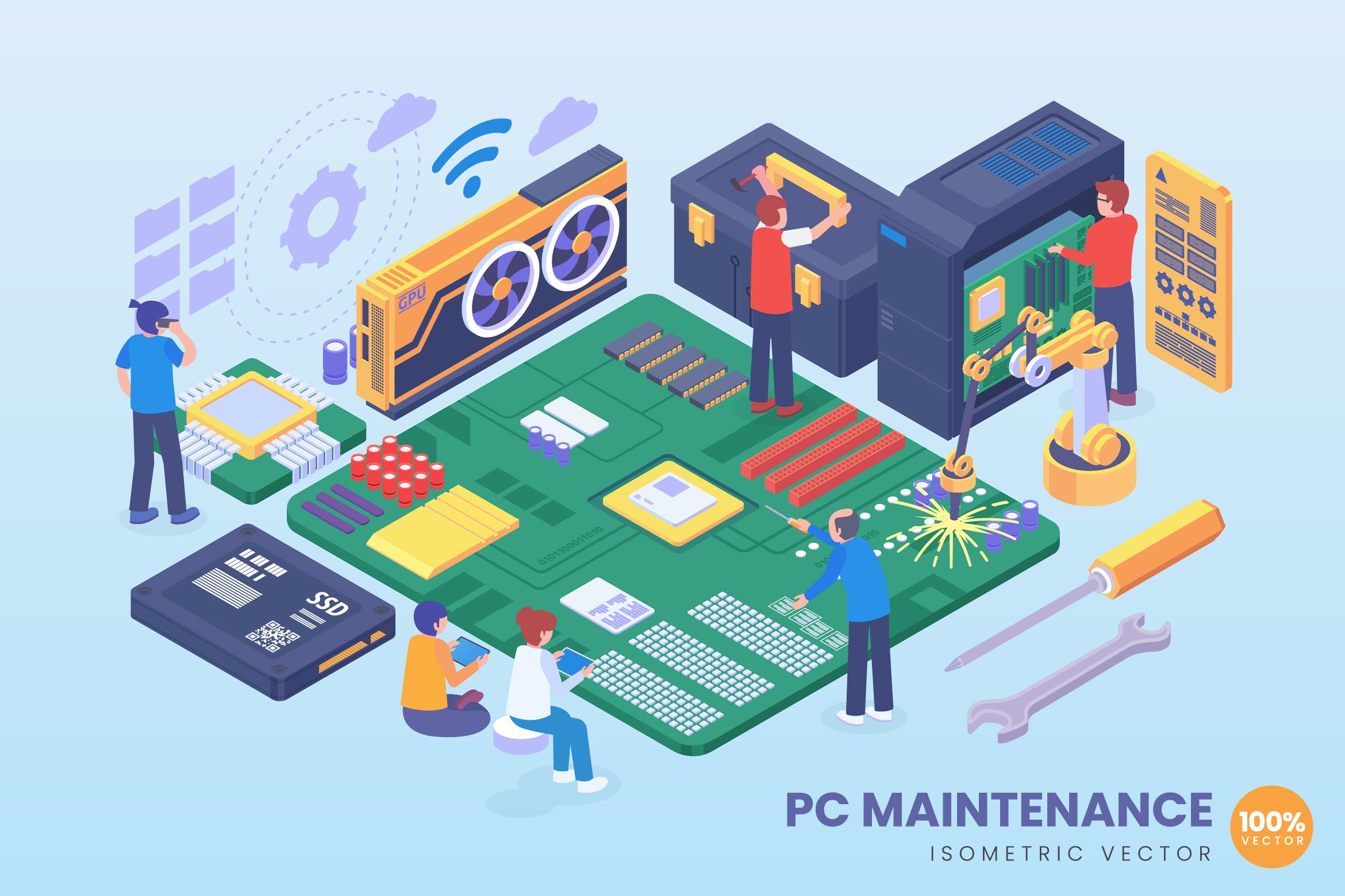 服务器维护/运维主题等距素材库精选概念插画 Isometric PC Maintenance Vector Concept插图