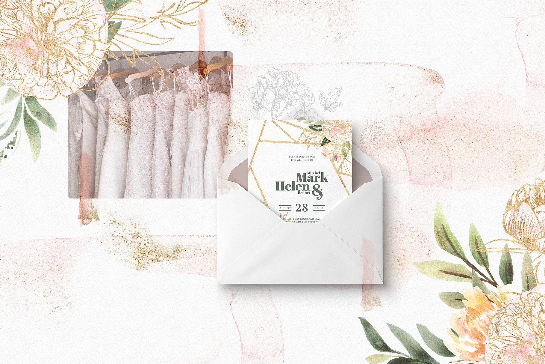 水彩画牡丹与黄金插画元素合计 Watercolor Peony & Gold插图(1)