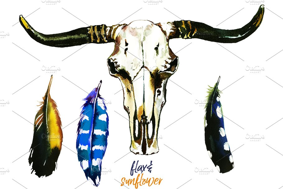 波希米亚风格向日葵亚麻花水彩剪贴画 Boho Sunflower Flax Flowers PNG插图(5)