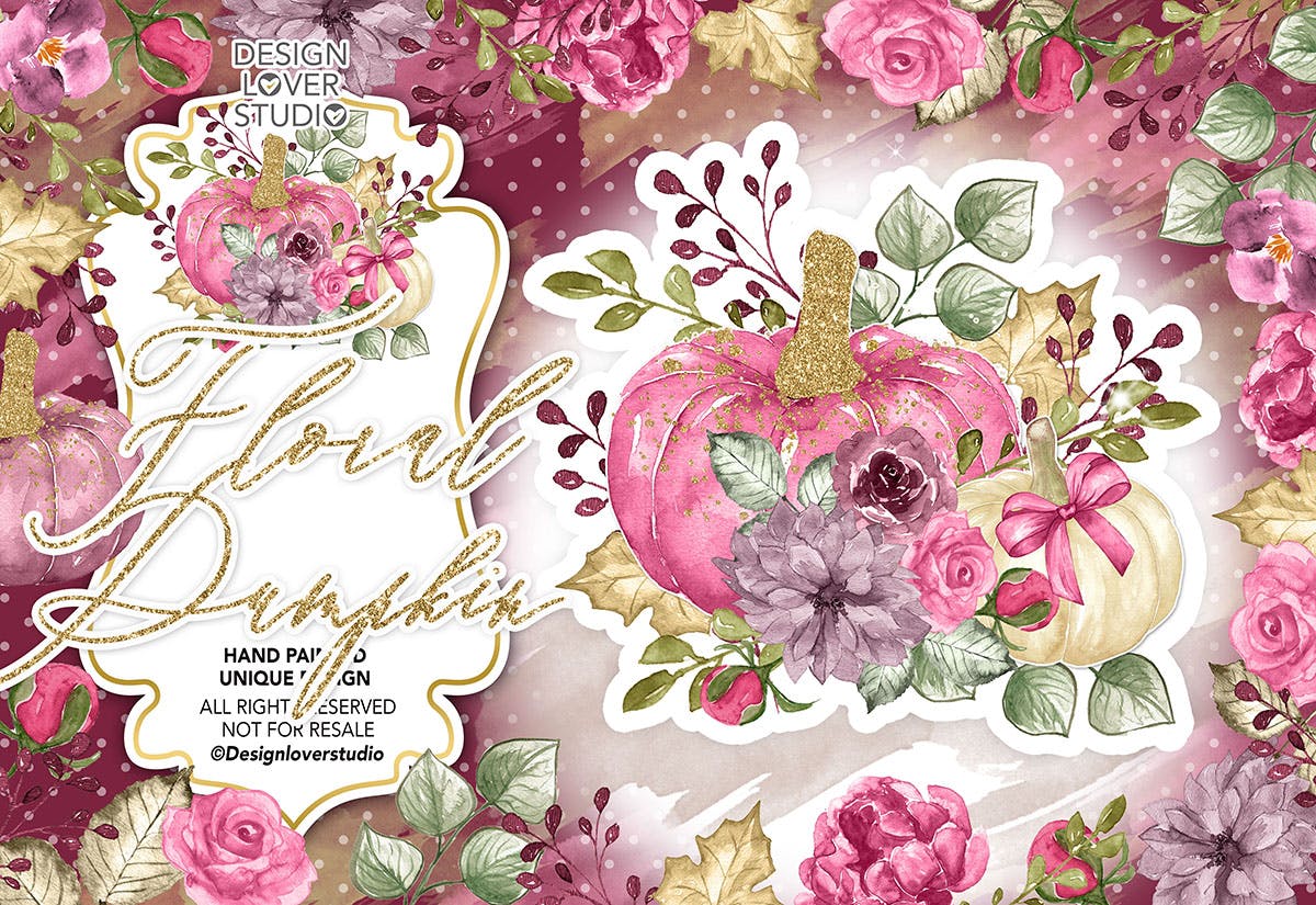 南瓜&花卉水彩剪贴画素材 Watercolor “Floral Pumpkin 2” clip arts插图(2)