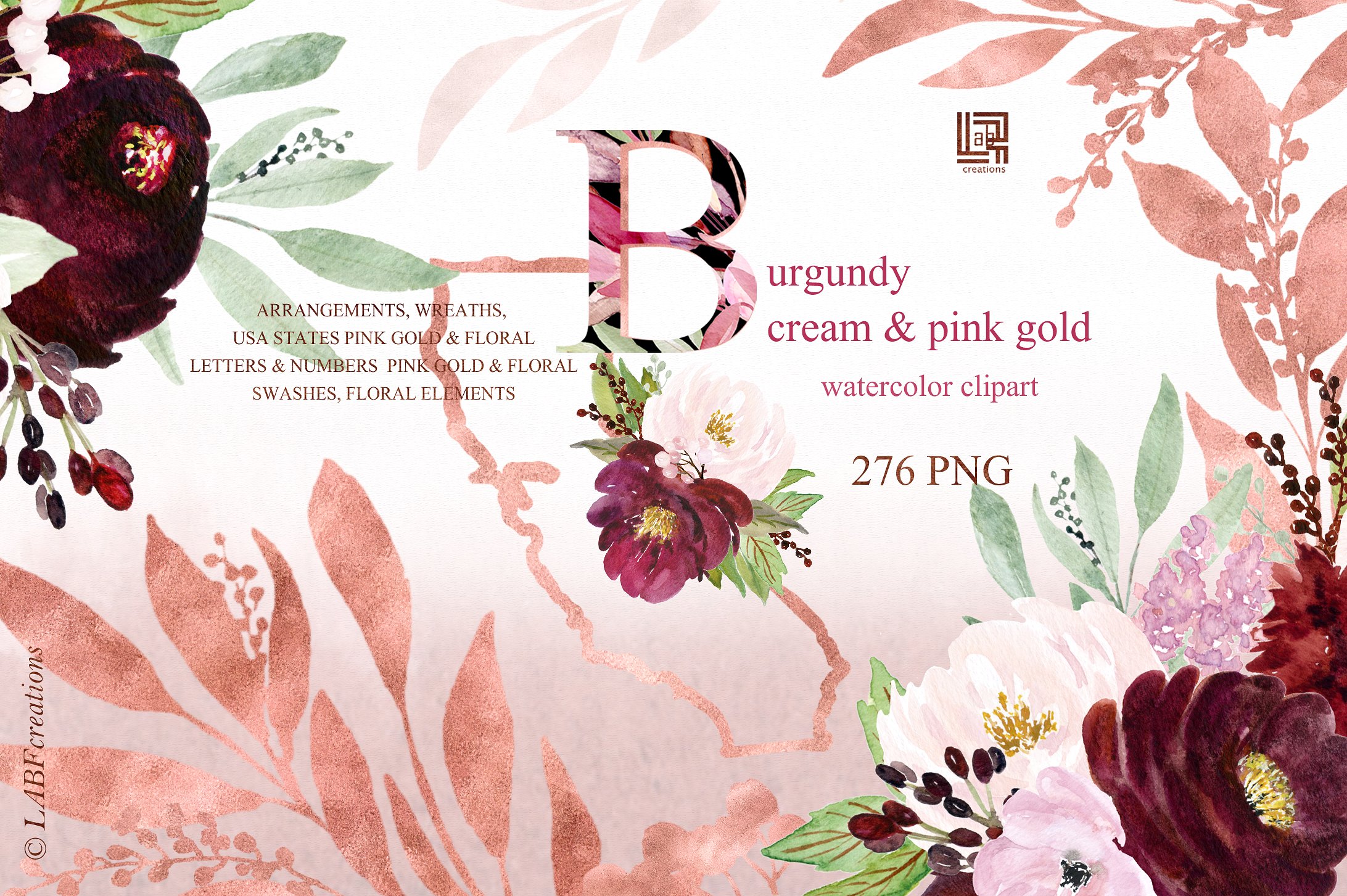 勃艮第奶油和金粉色水彩花卉剪贴画 Burgundy cream  & gold pink flowers插图(4)