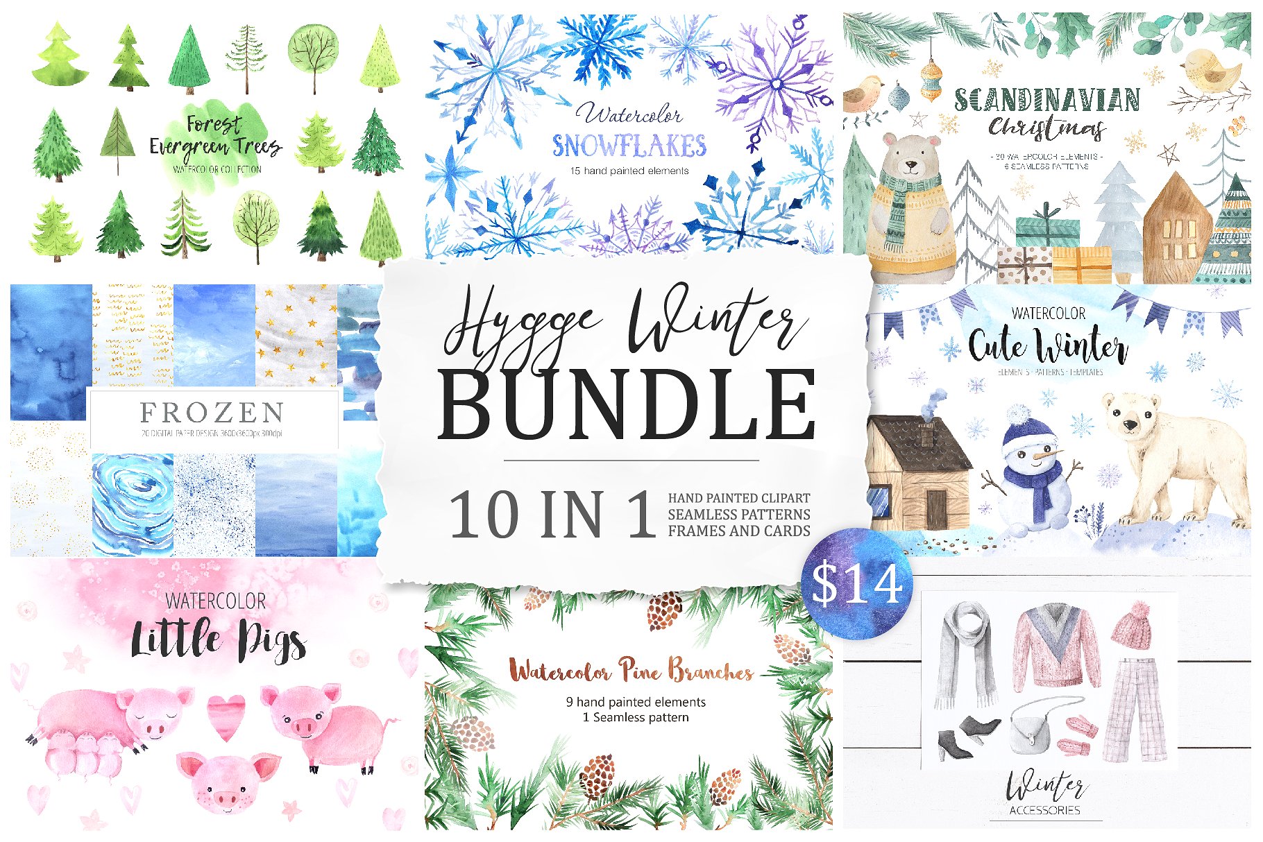 手绘可爱的冬季水彩素材合辑下载 BUNDLE Winter Hygge Watercolor Kit [png,jpg] 1.30 GB插图