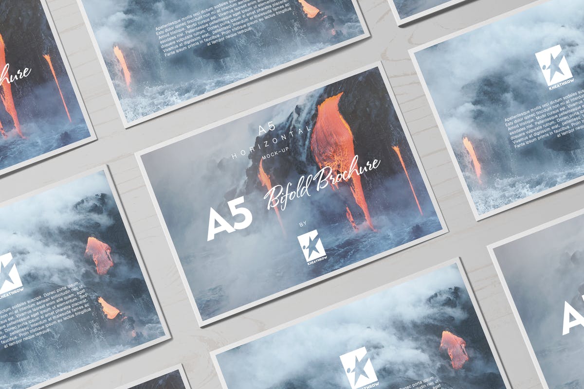 A5尺寸规格宣传册设计平铺视觉样机模板 Bi-Fold A5 Horizontal Brochure Mock-Ups Vol.1插图