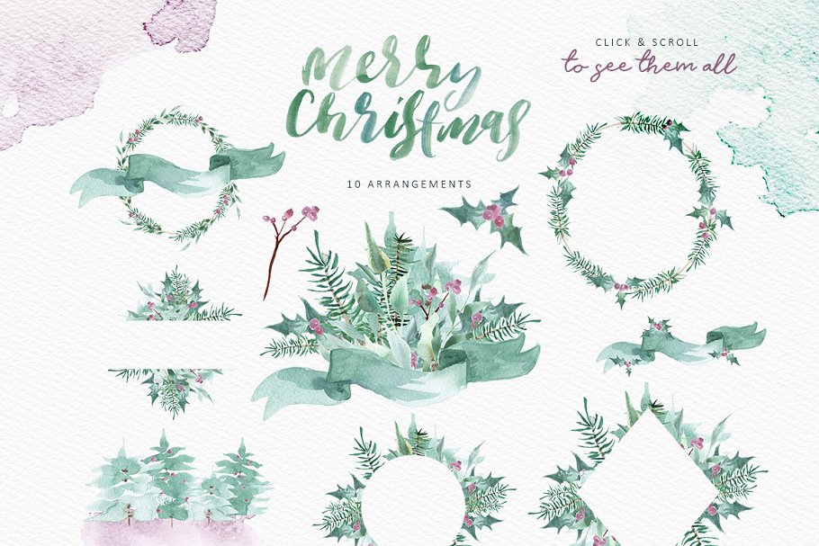 美丽冬季圣诞水彩剪贴画合集 Merry Christmas Watercolor Bundle插图(6)