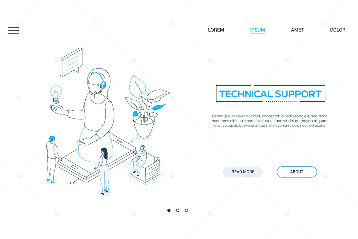 技术支持主题网站Banner设计线性矢量插画素材 Technical support – linear isometric web banner插图
