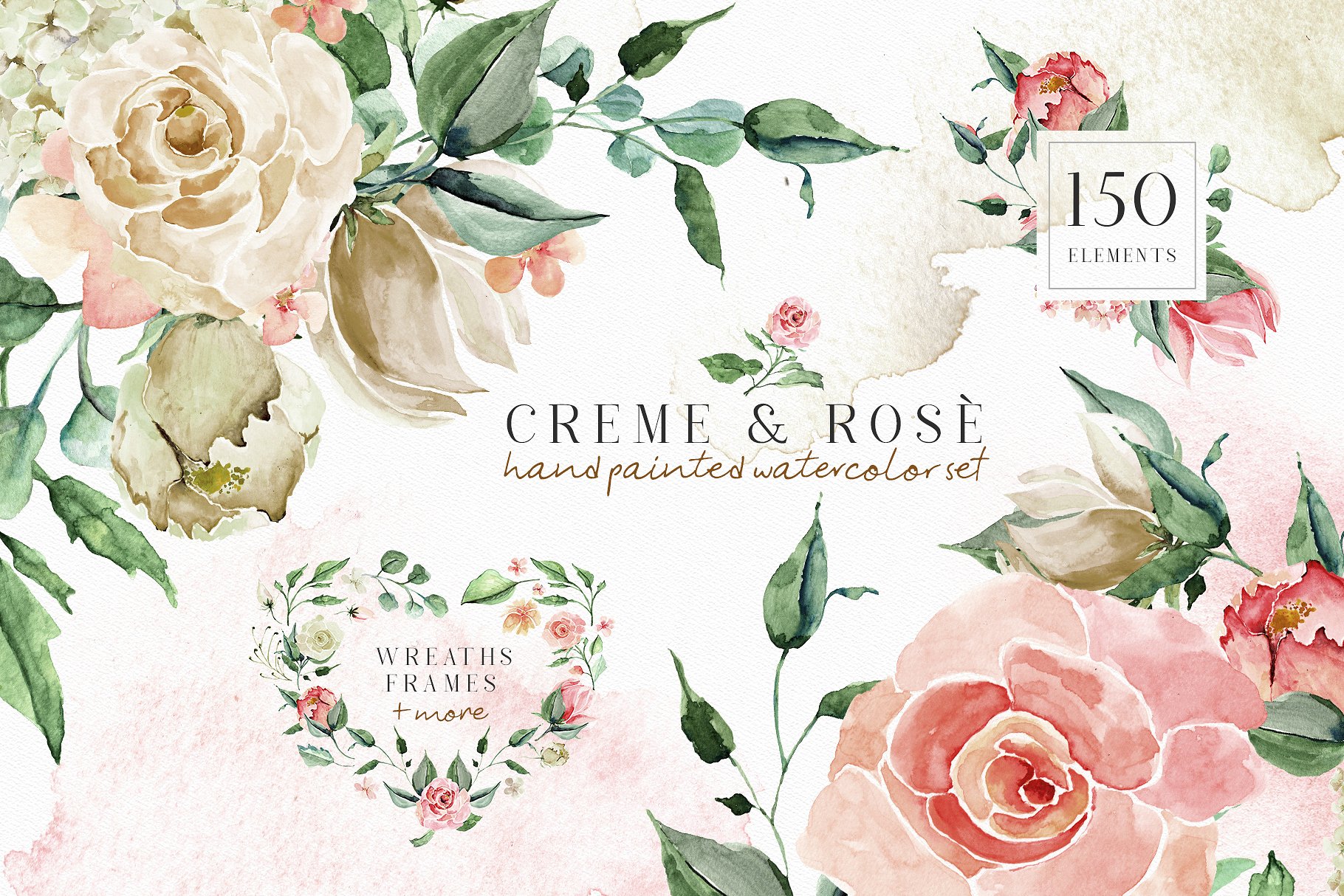 胭脂红玫瑰水彩剪贴画 Creme & Rose Watercolor Set插图