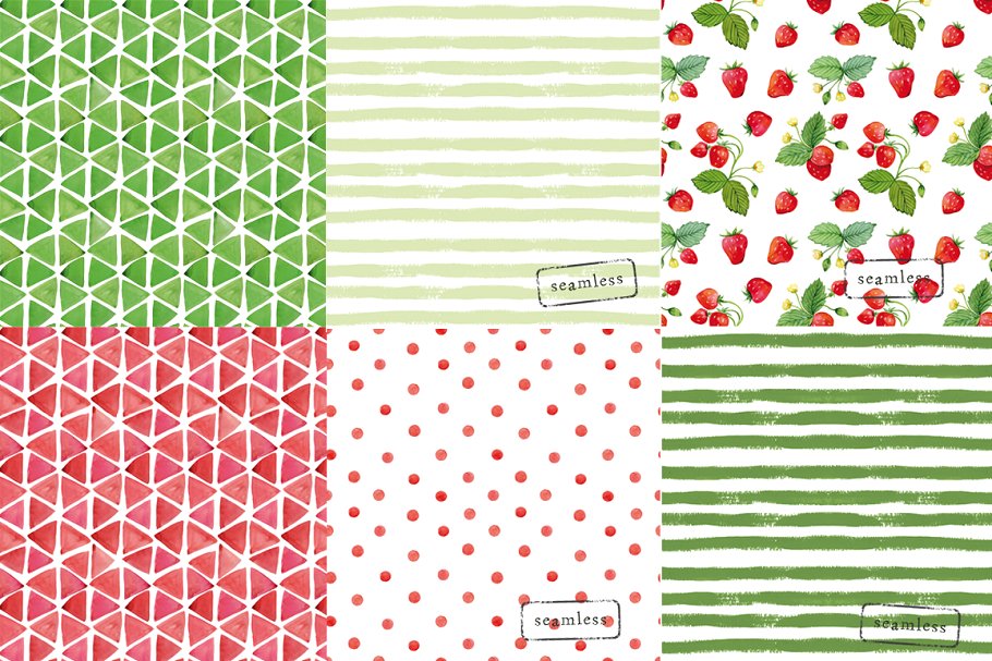 红色系水彩纸张图案纹理（手绘条纹，草莓，树叶和圆点等） Watercolor background插图(2)